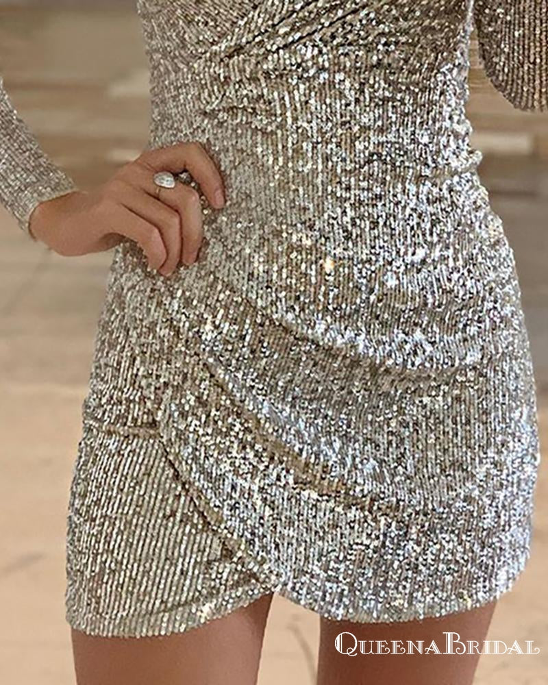 Sparkly Silver Sequin V-neck Long Sleeves Short Party Homecoming Dresses, HDS0004