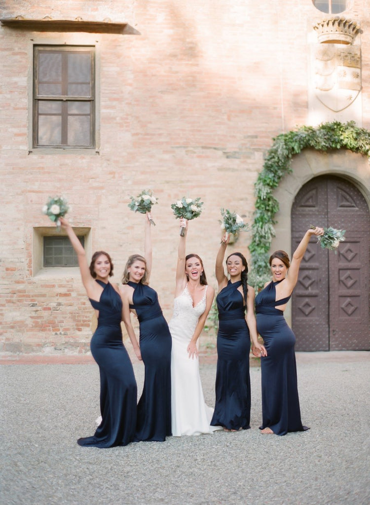 Charming Halter Backless Navy Elastic Silk Long Cheap Bridesmaid Dresses, BDS0056