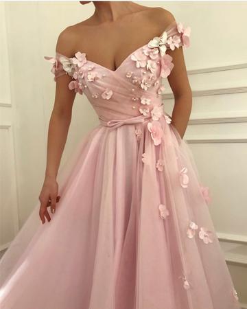 Gorgeous Flowers Beaded V-neck Off Shoulder Long Prom Dresses, QB0545