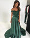 Elegant Green Lace V-neck Off-the-shoulder Long Satin Split Prom Dresses, QB0597