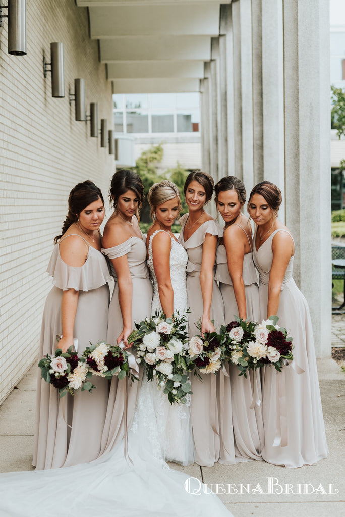 Mismatched Grey Chiffon A-line Long Cheap Bridesmaid Dresses Online, BDS0081