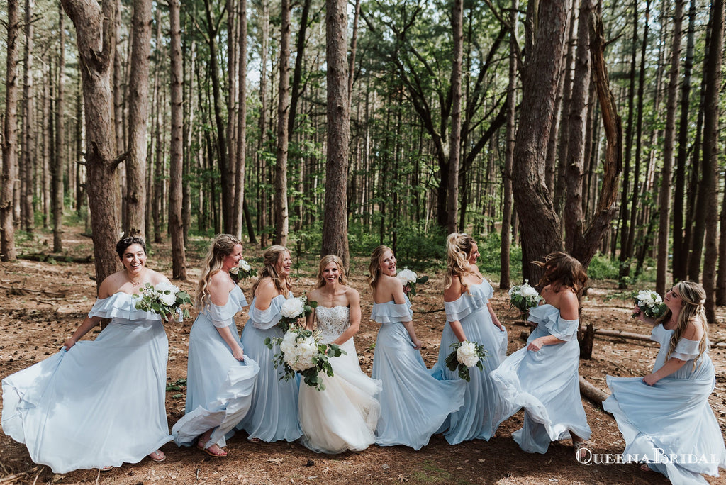 Newest Off-Shoulder Light Blue Chiffon A-line Long Cheap Bridesmaid Dresses Online, BDS0076