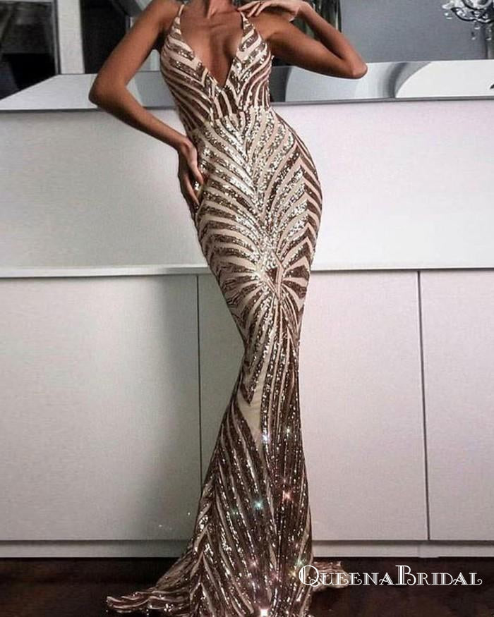 Elegant Spaghetti Straps Gold Sequined Mermaid Long Formal Prom Dresses, QB0580