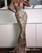 Elegant Spaghetti Straps Gold Sequined Mermaid Long Formal Prom Dresses, QB0580