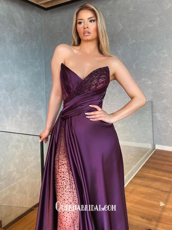 Grape Strapless Soft Satin Pleats See Through Sequins Slits A-line Evening Gowns Prom Dresses , QBP007