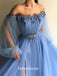 Graceful Blue Tulle Appliques Beads Puffy Sleeves A-line Evening Gowns Prom Dresses , QBP012