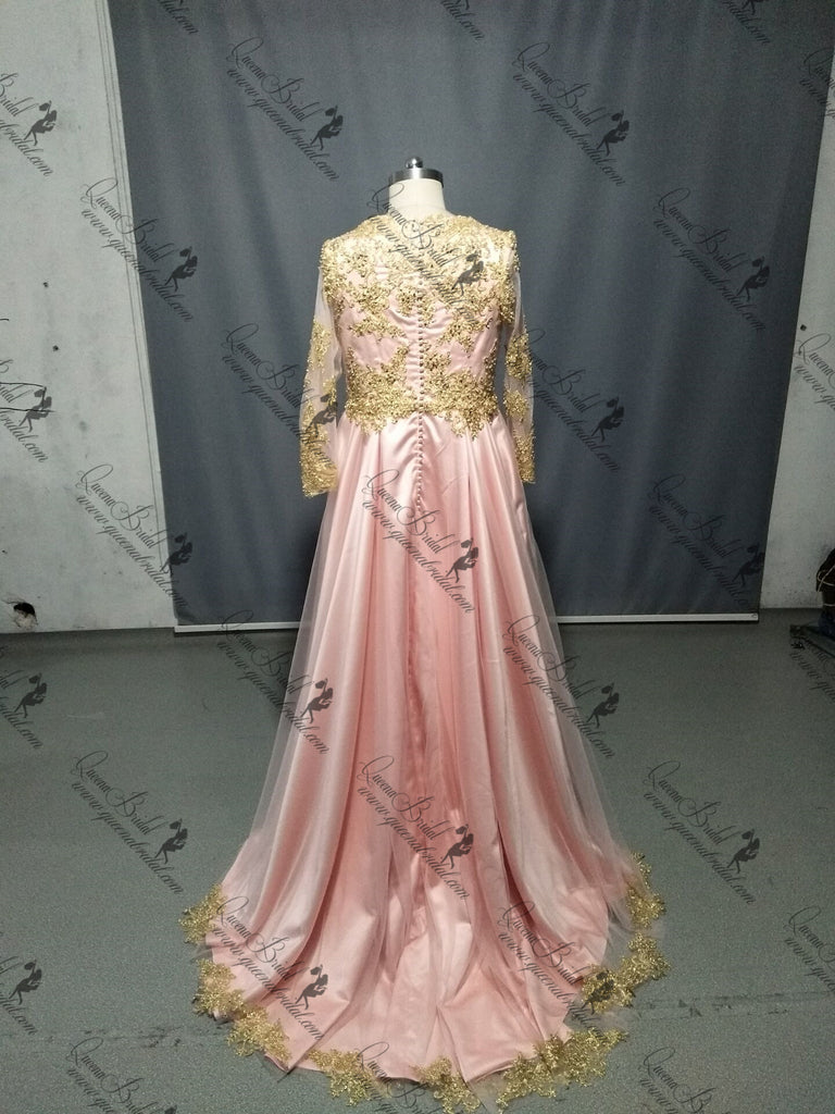 Long Sleeves Gold Lace Beaded Pink Skirt Long Evening Prom Dresses, QB0376