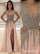 A-line V-neck Evening Dress with Slit Sexy Shiny Rhinestone Long Prom Dresses, QB0335