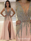 A-line V-neck Evening Dress with Slit Sexy Shiny Rhinestone Long Prom Dresses, QB0335