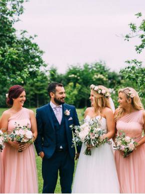 2019 Pink One Shoulder Long Cheap Chiffon Bridesmaid Dresses, QB0650