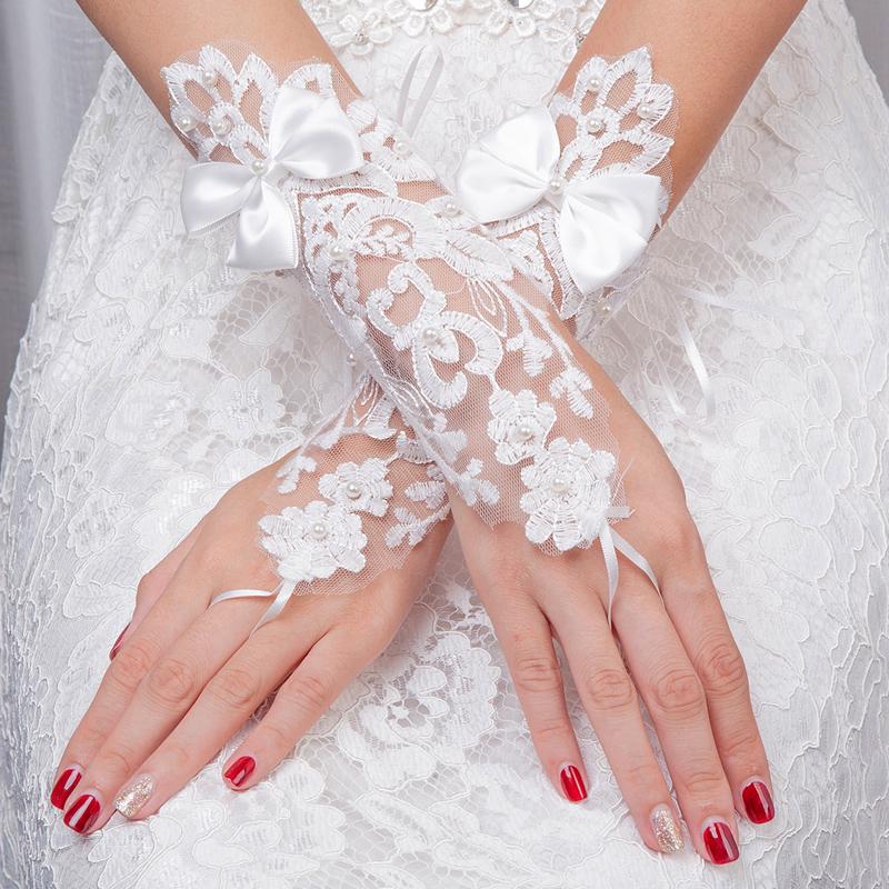 White Bridal Gloves, Wedding Gloves Adorned With Pearls And Lace Flowers, TYP0558