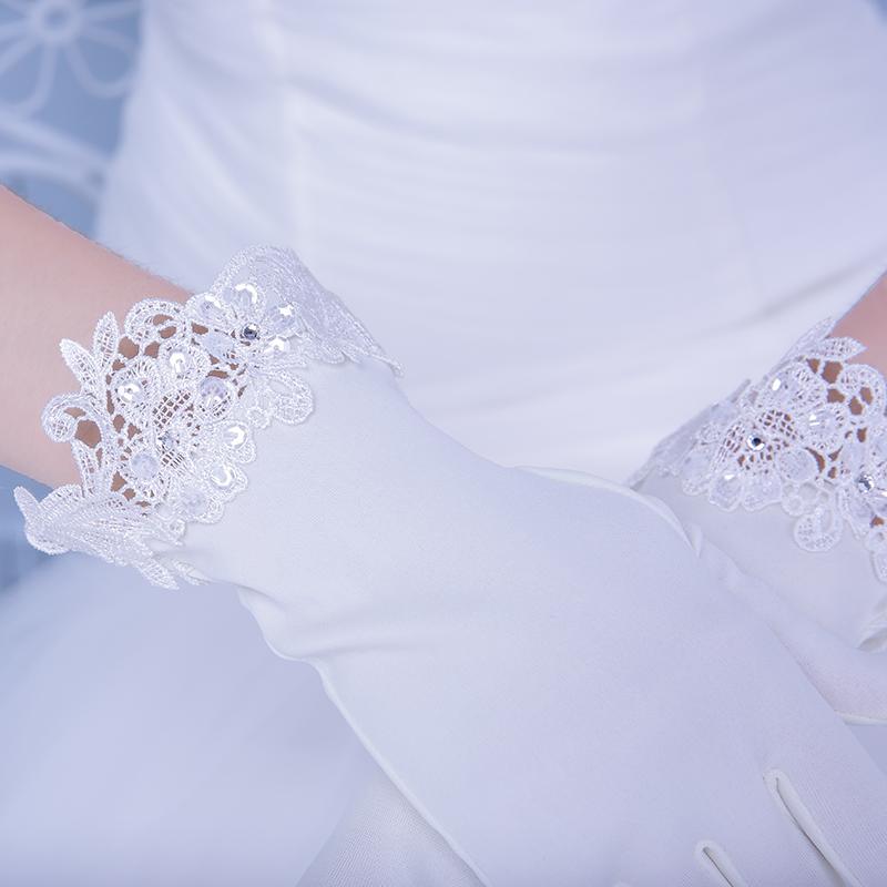 White Bridal Stain Wedding Gloves With Lace Appliques, Lovely Wedding Gloves, TYP0556