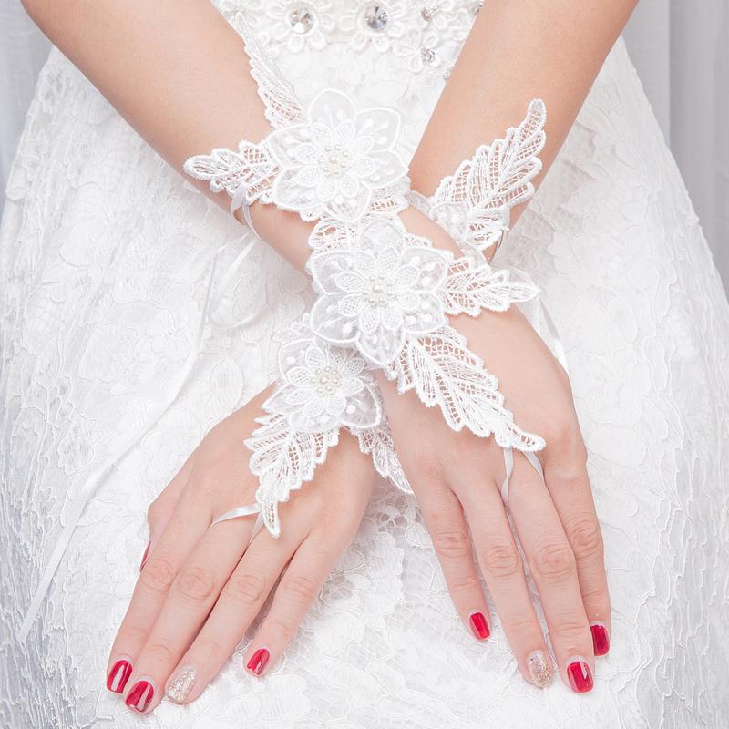 White Bridal Gloves, Wedding Gloves Adorned With Pearls And Lace Flowers, TYP0558