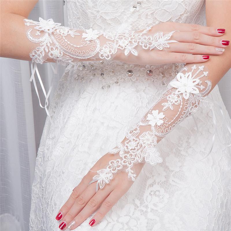 Light Ivory Beaded Wedding Gloves, Bridal Lace Gloves, Floral Lace Appliques Gloves, TYP0572