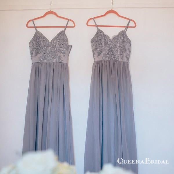 Dusty Blue Spaghetti Strap Chiffon Cheap Long Bridesmaid Dresses, QB0648