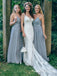 Dusty Blue Spaghetti Strap Chiffon Cheap Long Bridesmaid Dresses, QB0648