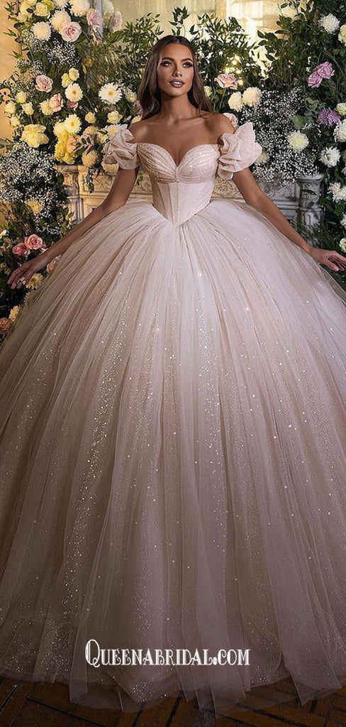 Courtly Style Puff Sleeve Pleating Sequins Tulle Ball Gown Wedding Dresses Prom Dresses, WGP214