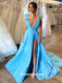 Blue Deep V-neck Appliques Slits Tulle Shinny Long Party Gowns Prom Dresses, WGP215