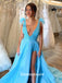 Blue Deep V-neck Appliques Slits Tulle Shinny Long Party Gowns Prom Dresses, WGP215