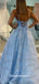 Blue Spaghetti Straps Satin Sequins Tulle A-line Long Party Gowns Prom Dresses, WGP216