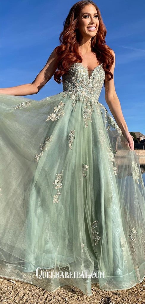 Light Green Spaghetti Straps Appliques Tulle A-line Long Party Gowns Prom Dresses, WGP217