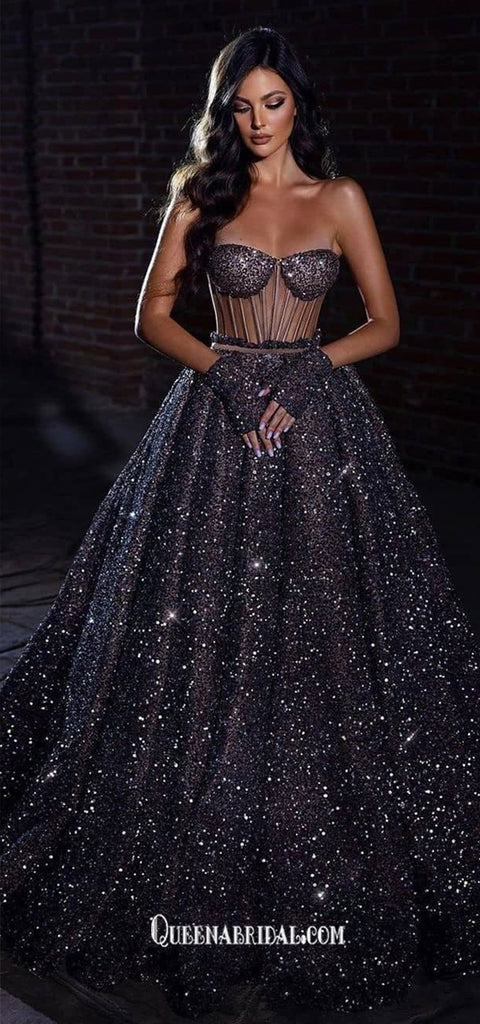 Black Starry Sky Sequins Shinny A-line Sweetheart Strapless Evening Gowns Prom Dresses, WGP238