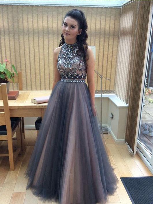 A-line Halter High Neck Beaded Top Tulle Two Piece Long Prom Dresses, QB0277