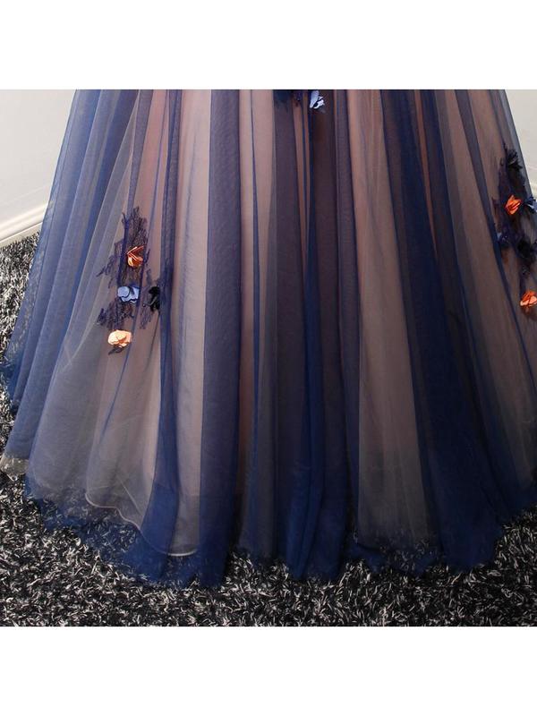 A Line Navy Blue Flower Appliqued Prom Dresses Bow Beaded Quinceanera Ball Gowns, QB0305