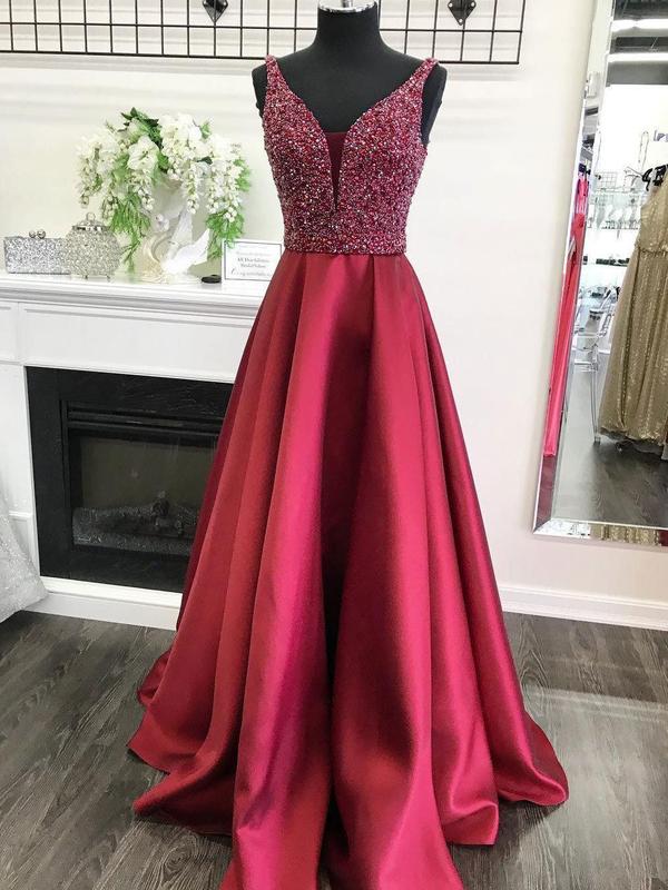 A-line V-neck Beaded Bodice Burgundy Satin Long Prom Dresses, QB0349