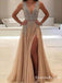 A-line V-neck Evening Dress with Slit Sexy Shiny Rhinestone Long Prom Dresses, QB0335