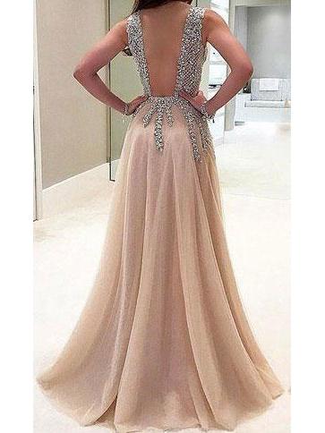 A-line V-neck Evening Dress with Slit Sexy Shiny Rhinestone Long Prom Dresses, QB0335