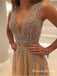 A-line V-neck Evening Dress with Slit Sexy Shiny Rhinestone Long Prom Dresses, QB0335