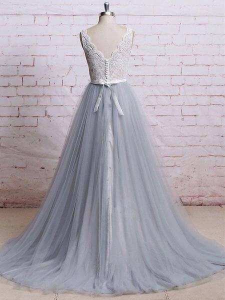 A-line V-neck Ivory Lace Bodice Grey Tulle Skirt Chapel Train Prom Dresses, QB0275