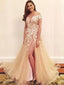 A-line V-neck Off the Shoulder Long Wedding Prom Dresses with Split, QB0294