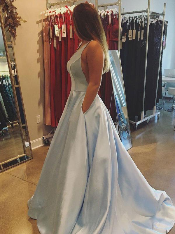 A-line V-neck Satin Long Cheap Sky Blue Prom Dresses with Pocket, QB0308