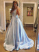 A-line V-neck Satin Long Cheap Sky Blue Prom Dresses with Pocket, QB0308