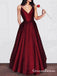 A-line V-neck Spaghetti Strap Burgundy Prom Dresses Long Formal Evening Ball Gowns, QB0338