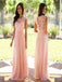 Elegant Lace Floor-Length Applique Blush Pink Long Formal Cheap Chiffon Bridesmaid Dresses, WG35