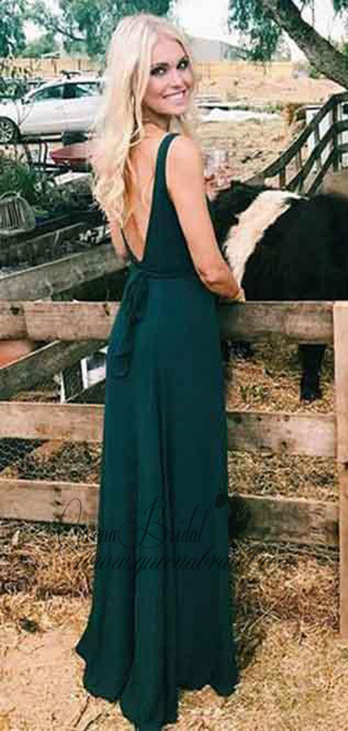 Dark Green V-neck Long Cheap Simple Prom Dresses, QB0466