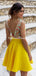 Yellow V-neck Satin A-line Short Cheap Party Homecoming Dresses, HDS0032