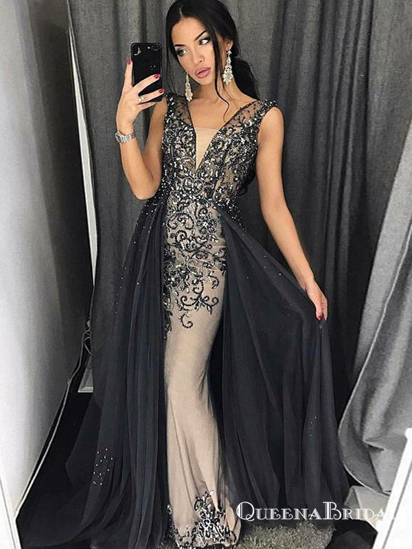 Mermaid V-Neck Dark Grey Detachable Prom Dresses with Beading, QB0525