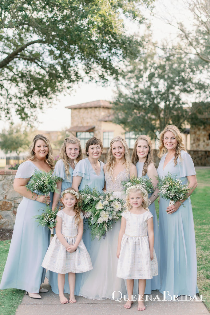 Mismatched Light Blue Chiffon A-line Long Cheap Floor-Length Bridesmaid Dresses, BDS0030