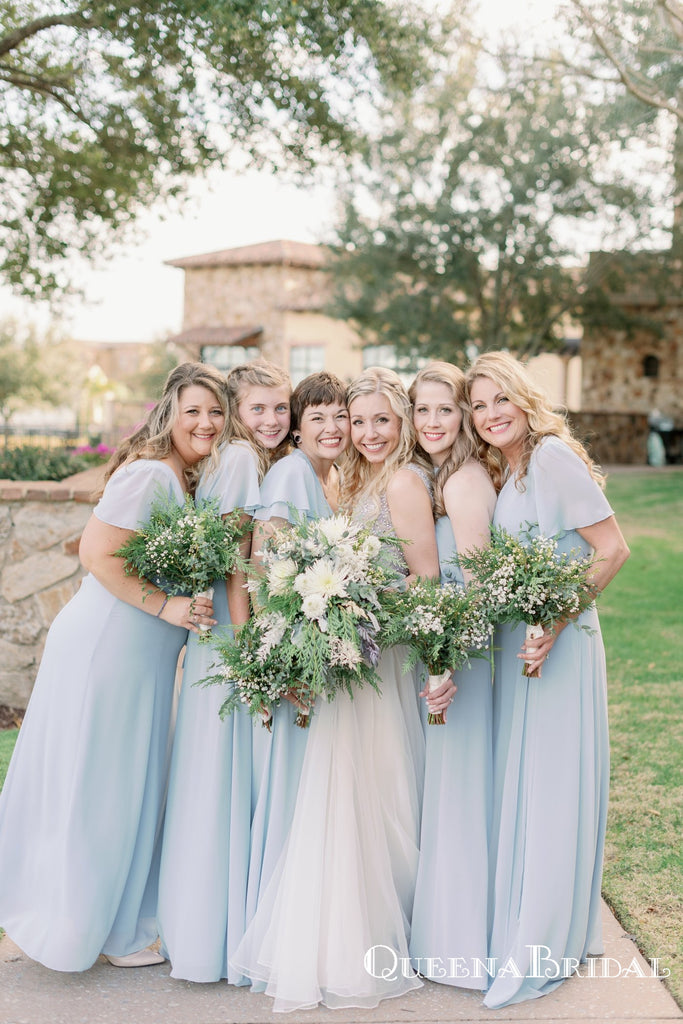 Mismatched Light Blue Chiffon A-line Long Cheap Floor-Length Bridesmaid Dresses, BDS0030