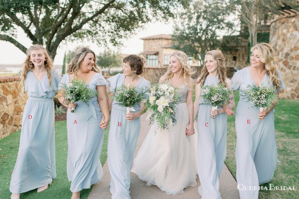 Mismatched Light Blue Chiffon A-line Long Cheap Floor-Length Bridesmaid Dresses, BDS0030