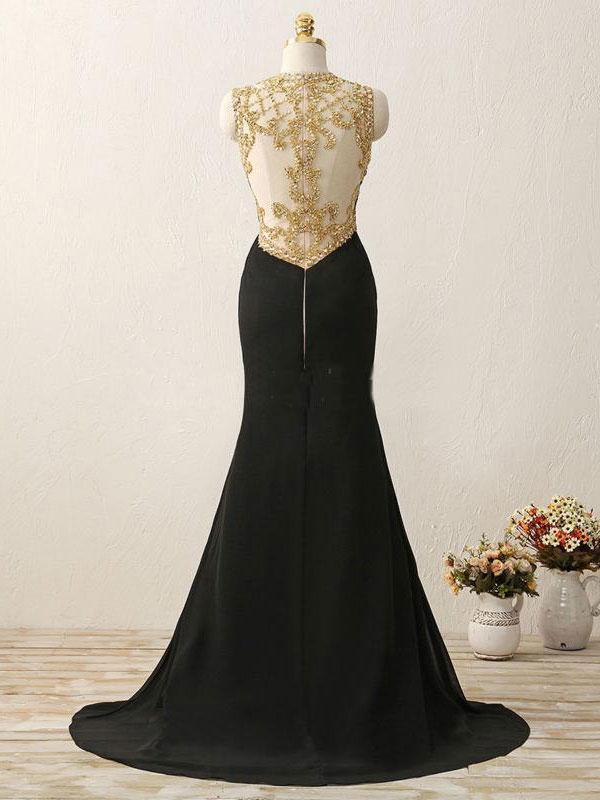 Black Chiffon with Gold Beaded Sweep Train Mermaid Prom Dresses, QB0348