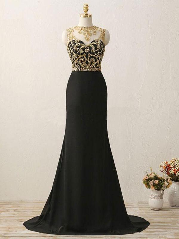 Black Chiffon with Gold Beaded Sweep Train Mermaid Prom Dresses, QB0348