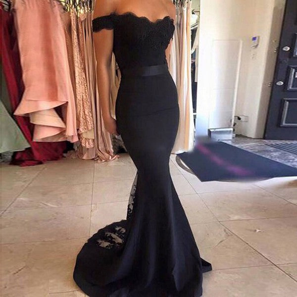 Mermaid Off-Shoulder Backless Long Cheap Lace & Satin Prom Bridesmaid Dresses Online, QB0116