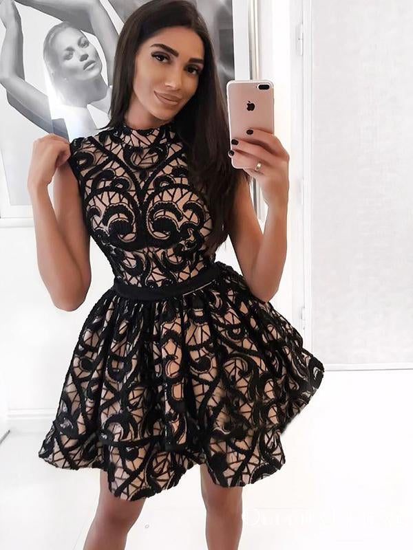 Unique A-Line High Neck Open Back Black Lace Short Homecoming Dresses, QB0862