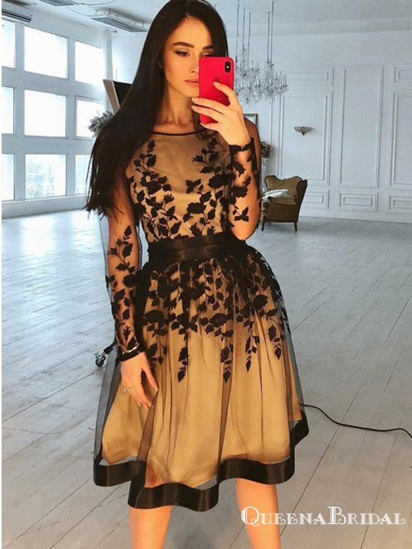 Charming A-line Bateau Long Sleeves Black Appliqued Short Cheap Homecoming Dresses, QB0907