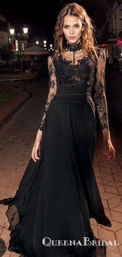 A Line Black Prom Dress Modest Beautiful Cheap Lace Long Prom Dresses, QB0788